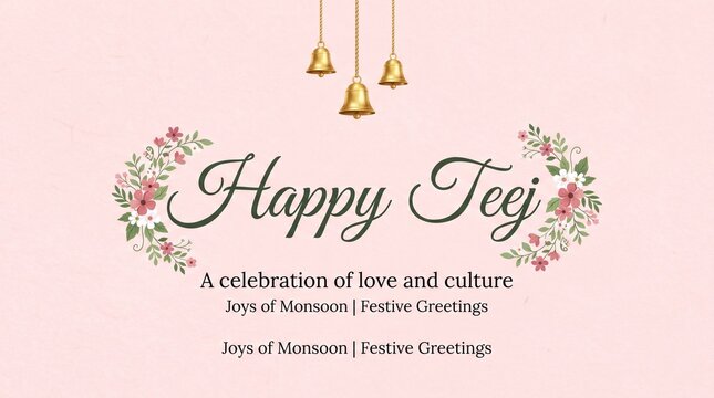 Happy Teej Festival Greeting Card with Floral Typography and Traditional Hanging Bells