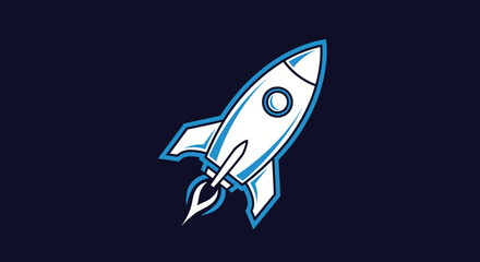 Stylized rocket ship mascot logo launching on dark background © narco