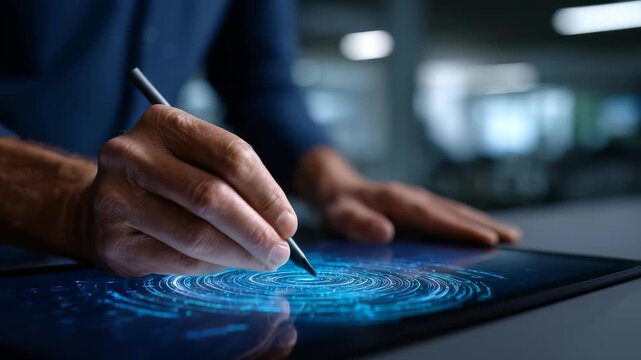 A person skillfully manipulates a stylus on a digital tablet, creating intricate blue patterns in a contemporary workspace. This scene represents futuristic technology and digital creativity