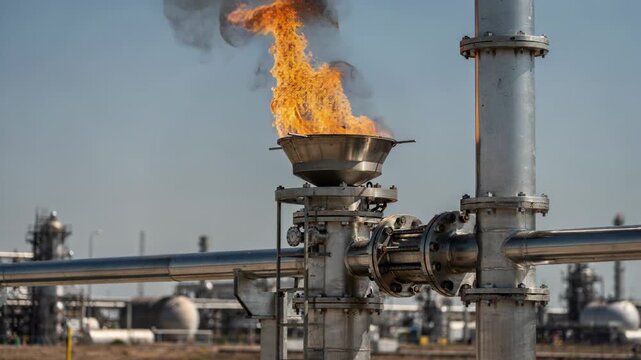 Medium shot focusing on an open flare stack burning excess gases safely integrated with rupture disks and vent headers feeding into the flaring device