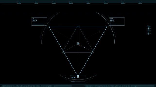 A rotating cyan triangular telemetry widget featuring dynamic status readouts, data bars, and tech diagnostics. Loops seamlessly with a transparent alpha channel for video compositing