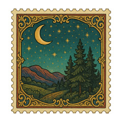 Obraz premium PNG Vintage night landscape stamp