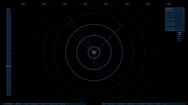 A cyan futuristic radar scanner interface element featuring concentric rings, rotating sweeps, a depth gauge, and digital telemetry data. Loops seamlessly as a transparent overlay