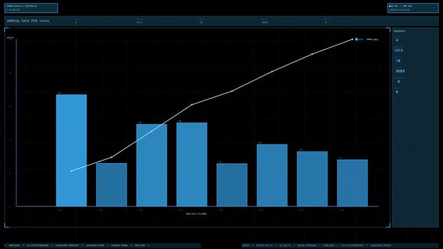 An animated blue data graph panel displaying fluctuating arrival rates, charts, and readouts for aviation monitoring. Loops seamlessly with a transparent alpha channel for compositing