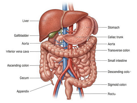 Detailed anatomical illustration of human digestive system with labels isolated on transparent background