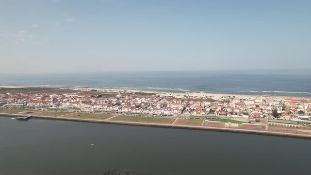 Aerial drone Shot of  Costa Nova do Prado beach, Aveiro, Portugal.