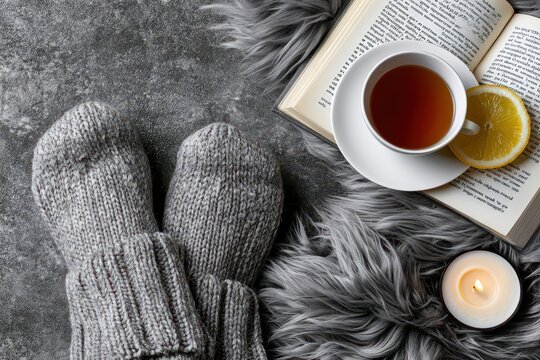 Cozy winter scene with warm knitted socks, a cup of tea, a book, and a lit candle on a fluffy rug.