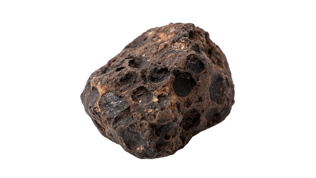 Natural raw dark brown volcanic lava rock stone mineral specimen close up isolated on transparent background