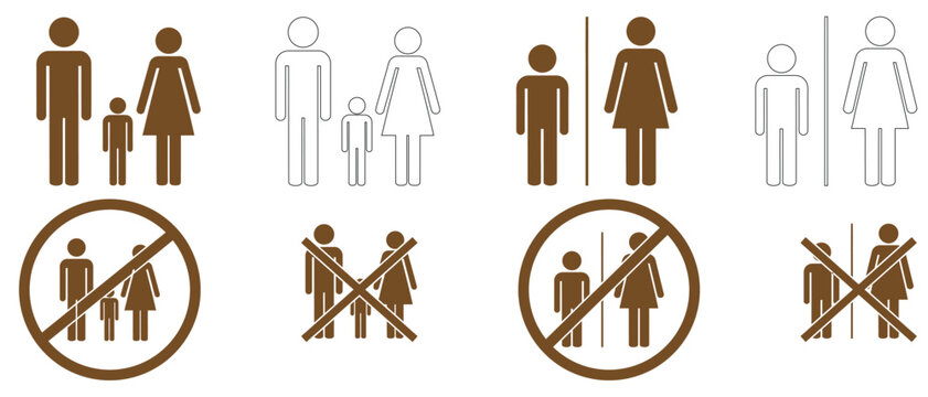 Family restroom prohibition sign set vector illustration with male female child figures.