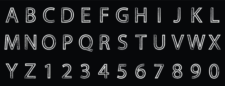 doodle Hand drawn brush shape letters. Handwritten brush stroke alphabet, rough textured uppercase letters set, white chalk style font on black background