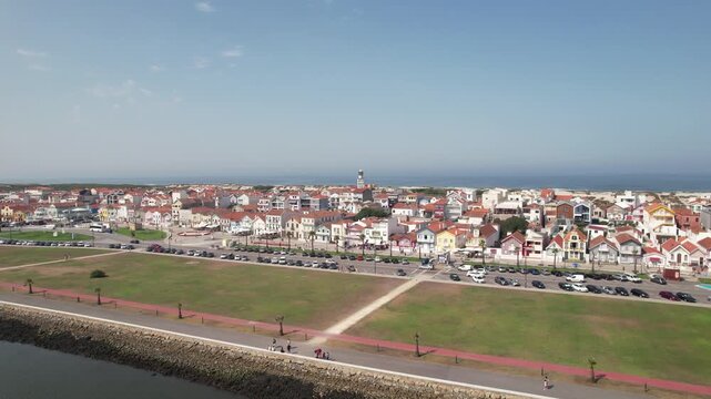 Aerial drone Shot of  Costa Nova do Prado beach, Aveiro, Portugal.