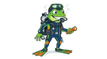 Cartoon Frog Scuba Diver with Flashlight and Equipment © Azis