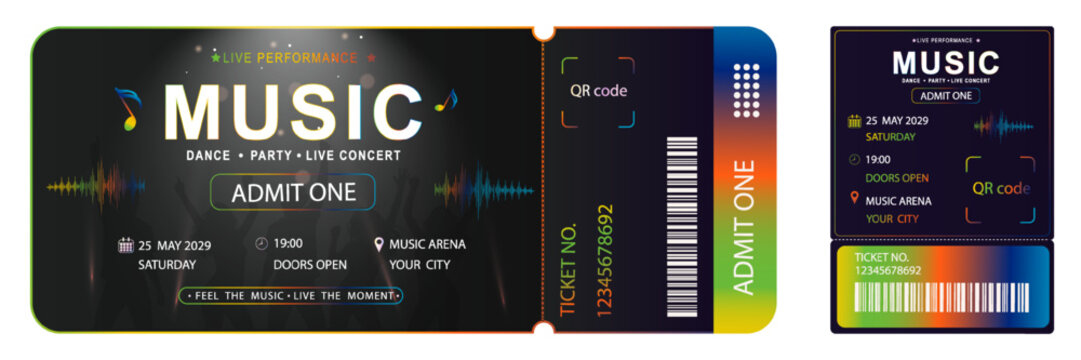 Music concert ticket template with QR code and barcode. Horizontal and vertical event pass designs. Modern dark style with rainbow gradient for live performance, festival, and dance party.