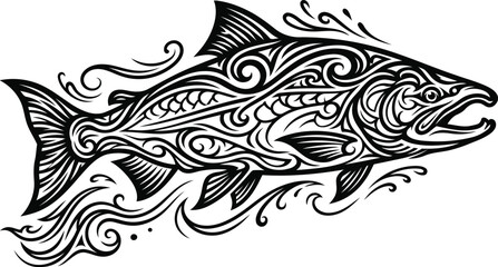 Fototapeta premium Tattoo style salmon with tribal wave patterns