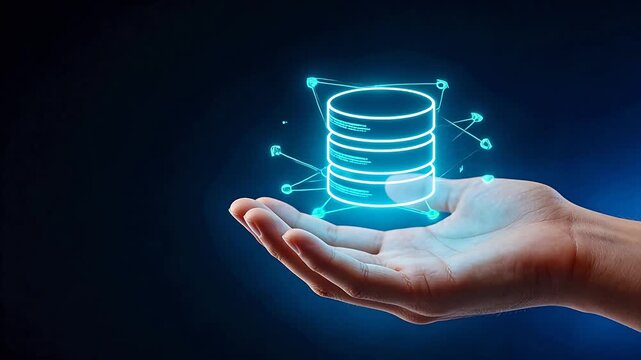 Hand holding glowing data storage icon
