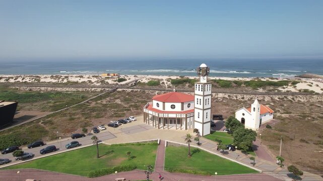 Aerial drone Shot of  Costa Nova do Prado beach, Aveiro, Portugal.
