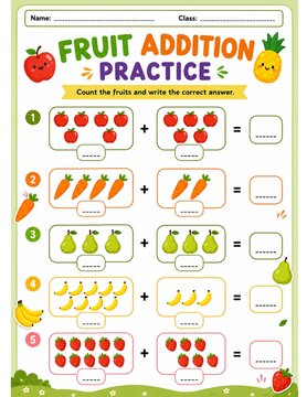 Fruit Addition Practice Worksheet for Preschool Kids