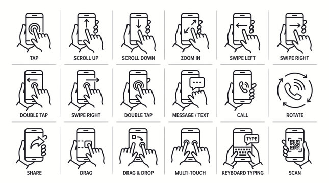Mobile Gestures and Touchscreen Icons: Tap, Swipe, Zoom, Scroll, Call, Type, Scan