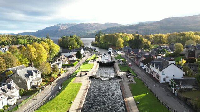 4K Aerial Drone Shot Flying Over and Along Lock Chambers at Fort Augustus in the Parish of Boleskine and Abertarff, South‑West End of Loch Ness