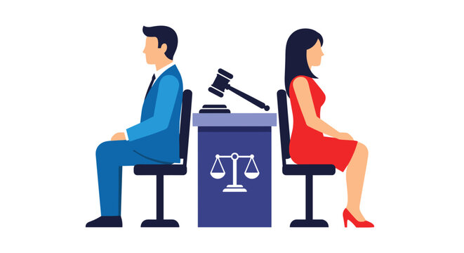 Illustration of a couple sitting back-to-back during a divorce meeting, with a gavel and scales of justice on a table between them, symbolizing legal separation