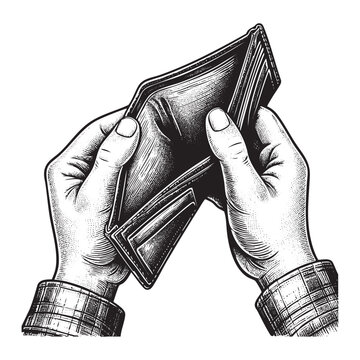 Hand drawn of hand on empty wallet in Detailed Engraving Style Black and White 
