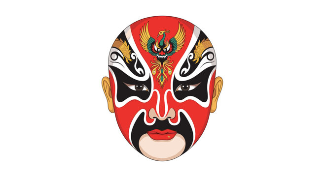Vivid Chinese opera mask illustration with intricate red and black patterns, phoenix motif, set against a clean white background