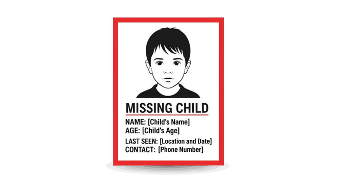 Missing child poster template with placeholder information and boy illustration