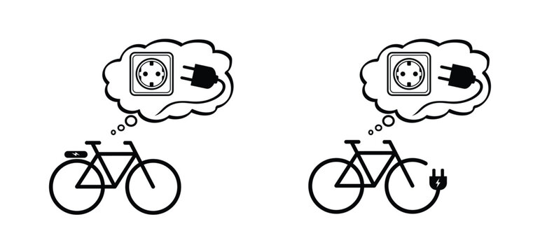Charging point cable battery station for an electric ebike e bike. Bicycle plug line pattern seamless Vector sport sign icon symbol Sportswear silhouette cyclist riding. City e-bike