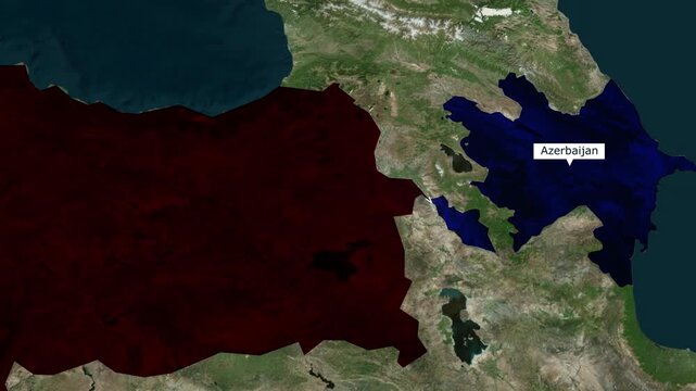 Satellite map graphic highlighting the geographical territories and relationship between Turkey and Azerbaijan for geopolitical news reports and broadcasting 