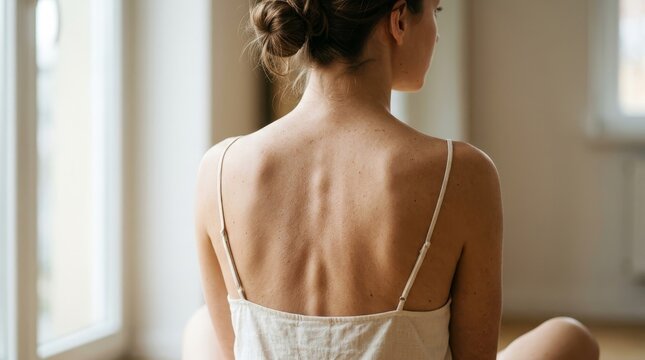 This is the back view of a woman wearing a white strappy top.