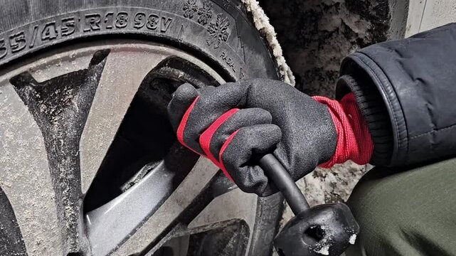 Close-up of hand in protective glove inflating car tire in winter horizontal view