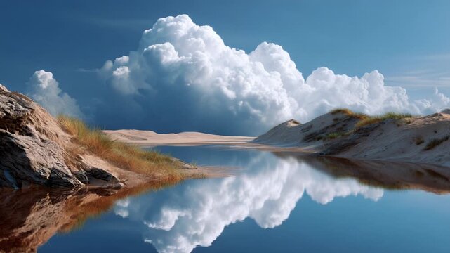 Serene Landscape with Reflected Clouds and Crystal-Clear Water in a Tranquil Desert Environment Surrounded by Sandy Dunes and Natural Beauty