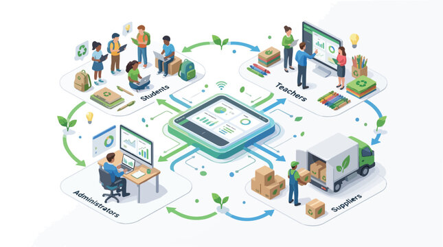 Isometric illustration of a sustainable school management system connecting students, teachers, administrators, and suppliers through a central digital dashboard for green learning