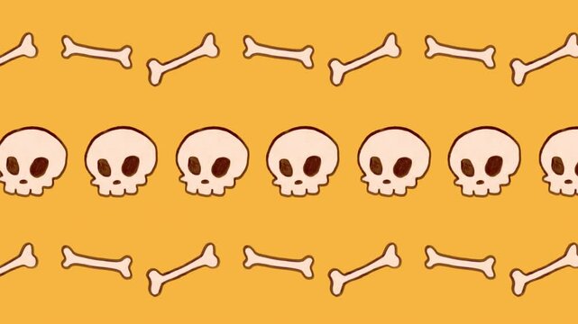 Looping seamless 2D cartoon animation. Orange background with three rows of hand-drawn animated skulls and bones. Elements rhythmically move and rotate. Perfect for stream wait screen or intro video.