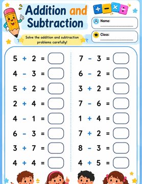 Addition and Subtraction Practice Worksheet for Kids