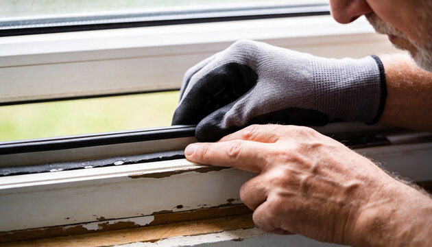 Installing pair of hands pressing black rubber weatherstrip into window channel at home, with glove