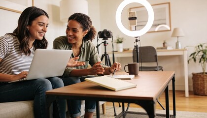 Fototapeta premium Reviewing two women in casual shirts, jeans leaning over laptop on sofa, ring light, copy space