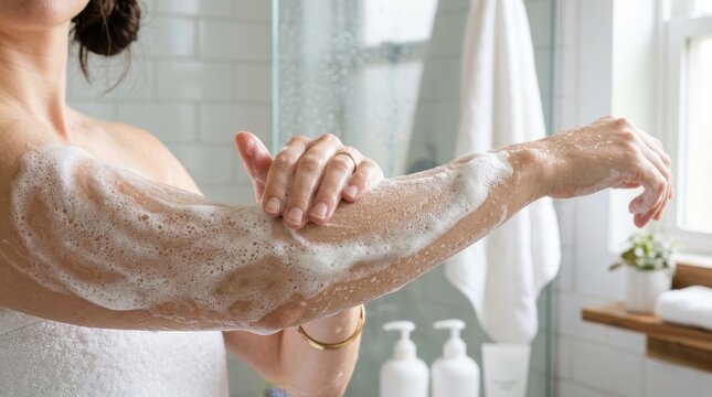 Person lathers soap on their arm during a shower in a bright bathroom.