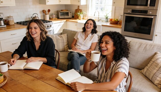 Laughing three women chatting at dining table in kitchen, holding notes and mugs in casual clothes