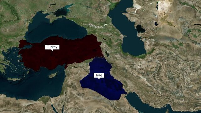 Satellite map graphic highlighting the geographical territories and relationship between Turkey and Iraq for geopolitical news reports and broadcasting