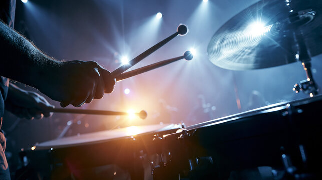 timpani. Orchestra percussionist poised over timpani on stage with dramatic lighting. event programs, museum guides, designed for cultural heritage projects and event programs, supports education.