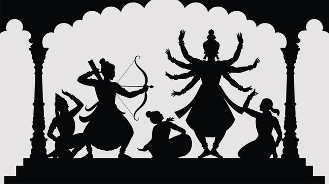 Silhouette depicting mythological story of warrior and multi armed goddess under archway.