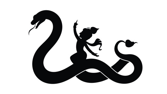 Silhouette of young krishna dancing on hood of giant serpent kaliya in river waves scene.