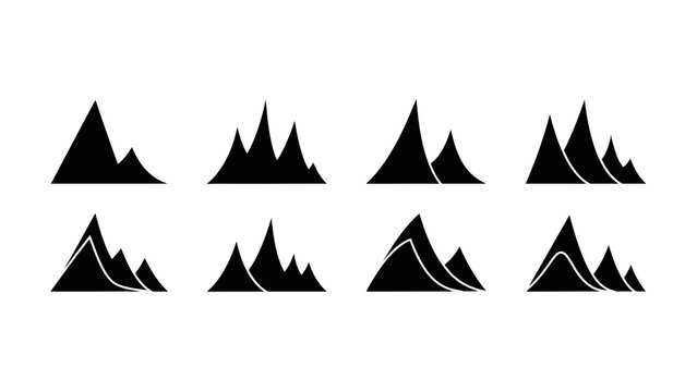 Collection of stylized black mountain peak icons on a white background representing various alpine