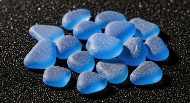 Glowing blue sea glass pebbles, ocean stones, beach rocks, smooth pebbles
