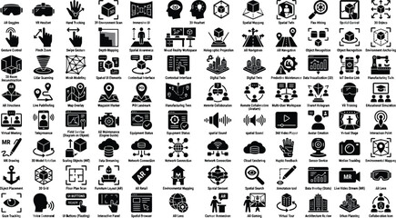 Obraz premium Icons representing virtual reality technology, spatial computing, and digital interfaces are arranged in a comprehensive grid.