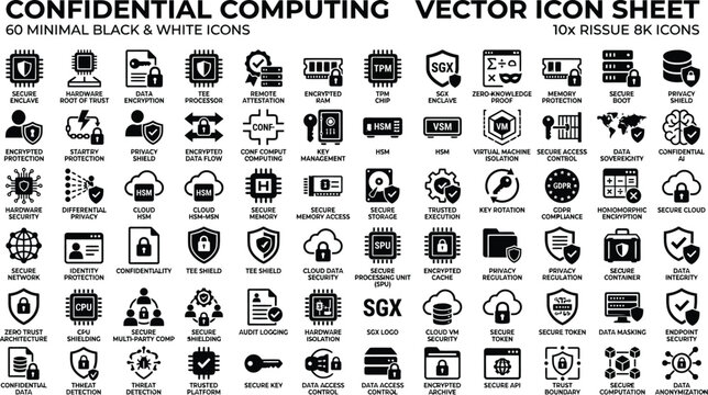 Confidential computing icons showcase secure data processing, hardware-based privacy, and encrypted memory environments for cloud infrastructure and sensitive information management systems.