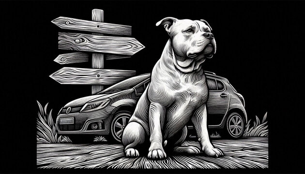 High contrast white engraved line art of a pitbull and hatchback by a signpost.