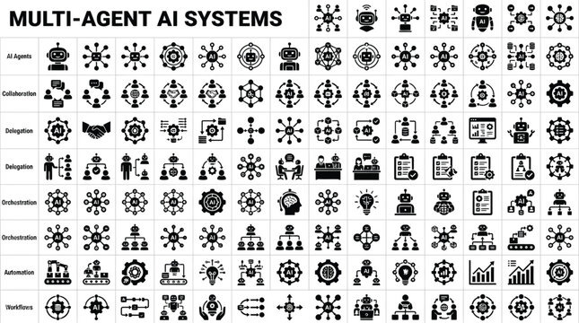 Multi-agent systems icons represent coordinated artificial intelligence networks and collaborative autonomous software architectures.