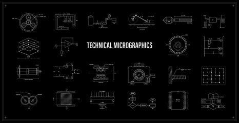 Technical Micrographics Engineering Blueprint Set. Black and white engineering blueprint layout with mechanical diagrams, circuit schematics, flowcharts and industrial micrographic schemes. Vector © 24 std